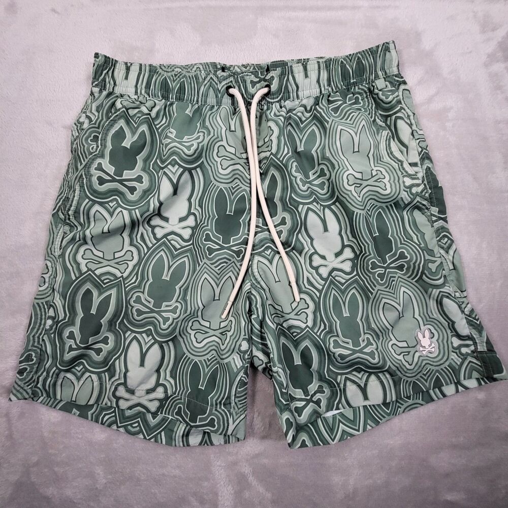 PSYCHO BUNNY Chuck Swim Trunks Mens Small Green AOP Bunny Lined Waist 28-30"